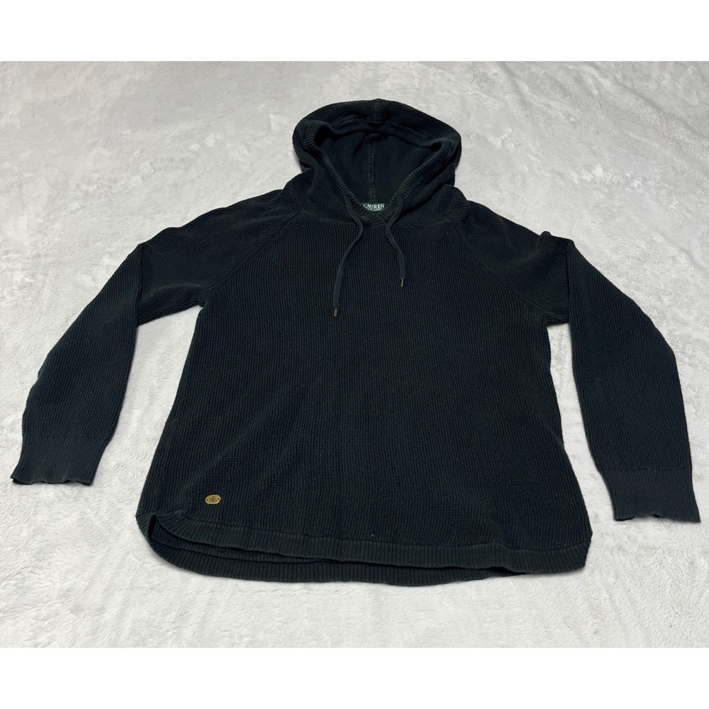 Lauren Ralph Lauren Hoodie Women Large Black Knit Pullover Drawstring Raglan